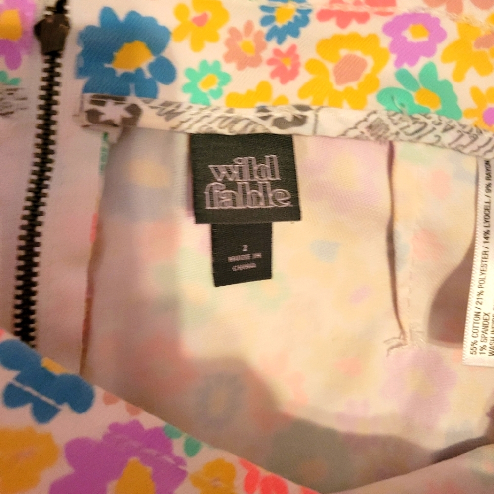 Wild Fable Floral Neon Daisy Stretchy Miniskirt, Front Slit, Pleated, 2 - Picture 9 of 10
